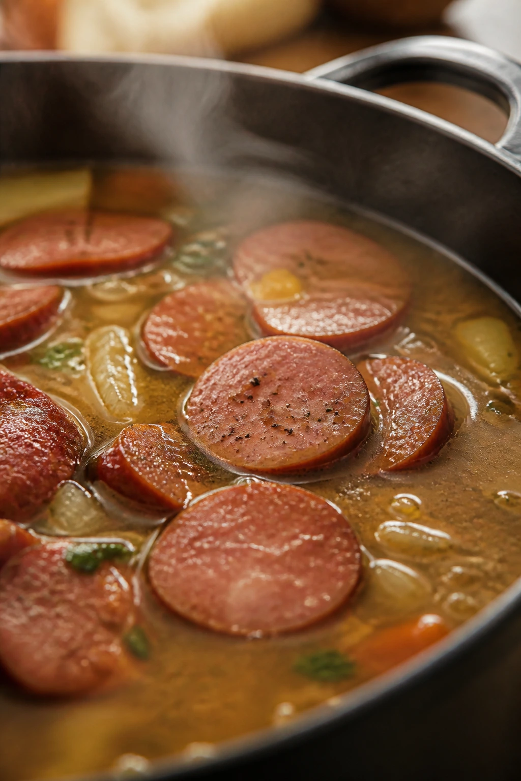 Sausage slices in steaming broth, center-frame in a soup context.