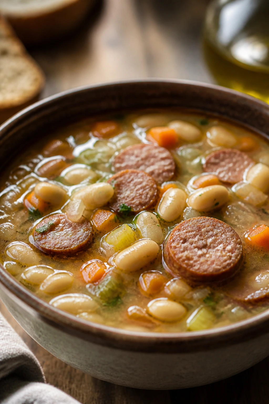 Rustic bowl of sausage and white bean soup