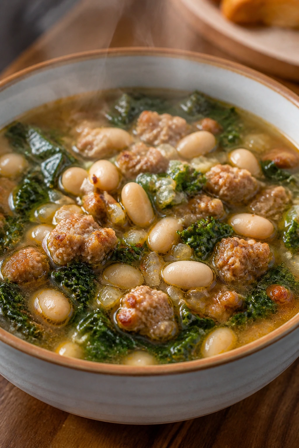 Steaming bowl of sausage and white bean soup with kale