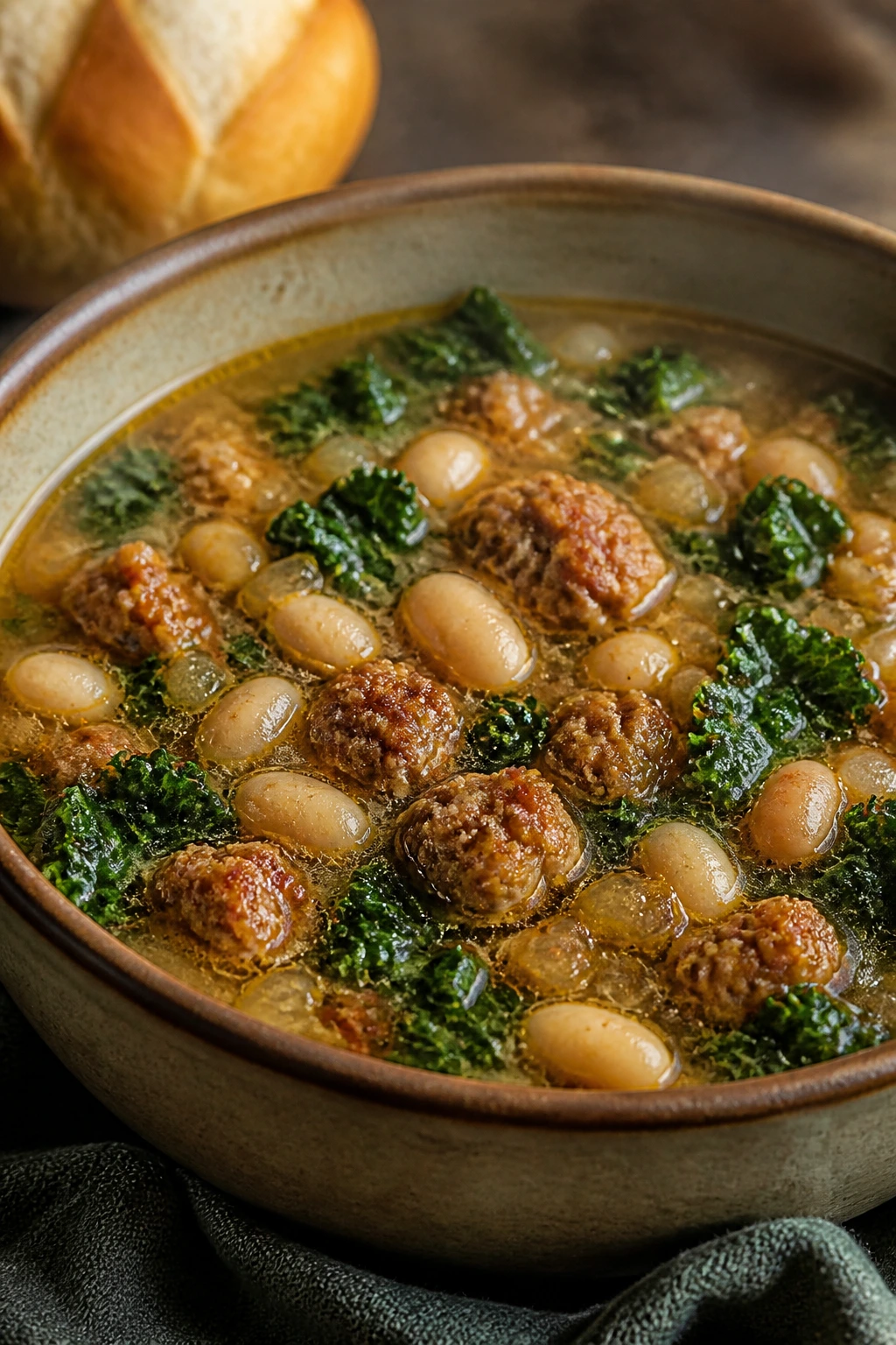 Steaming sausage white bean kale soup in a bowl