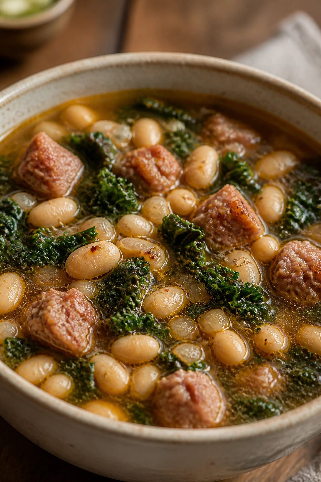 Steaming bowl of sausage and white bean soup.