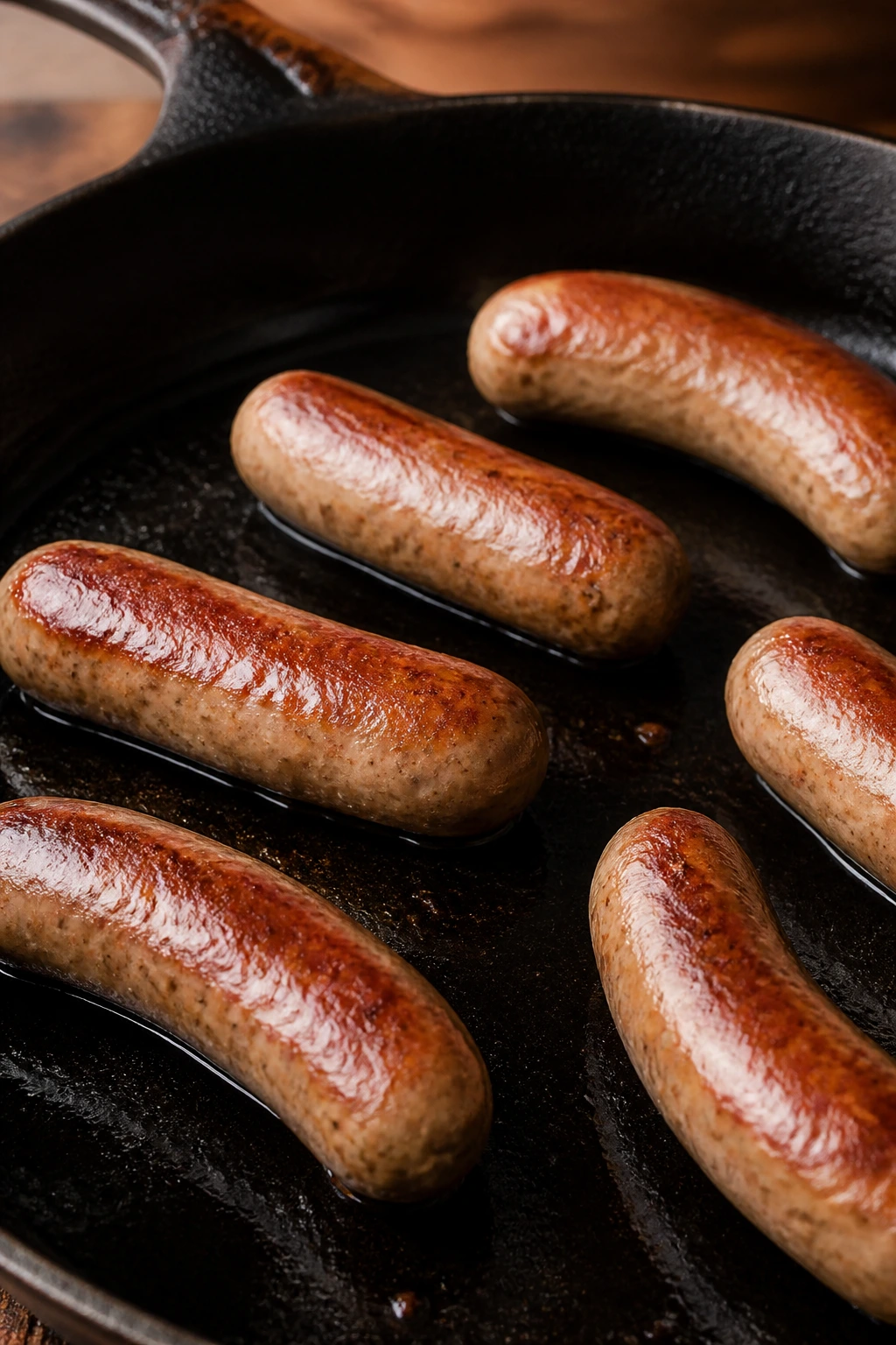 Sausages spaced apart in skillet browning