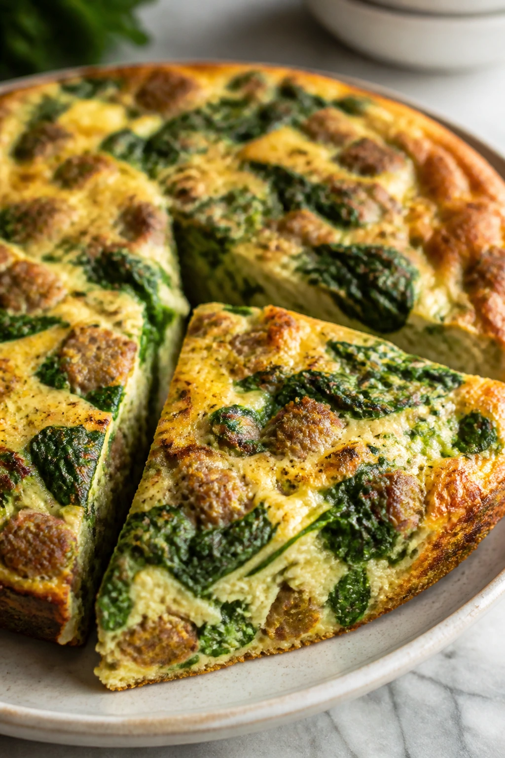 Sliced sausage and spinach frittata on plate with golden crust.