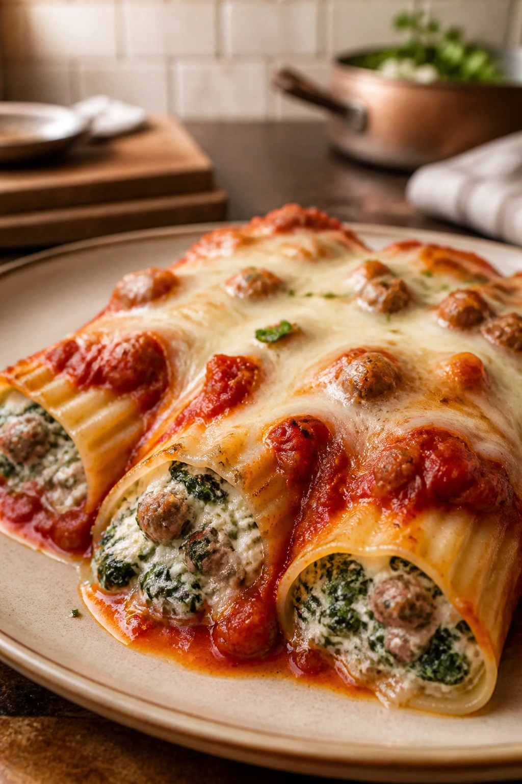 Plate of manicotti stuffed with sausage and spinach in marinara sauce