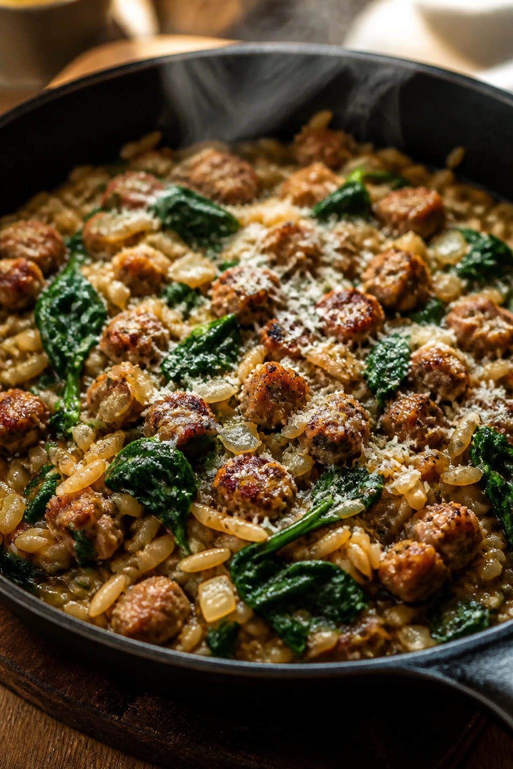 Close-up of a sausage spinach orzo skillet in a cozy kitchen