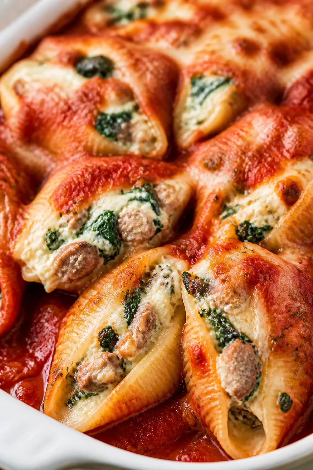 Stuffed shells with sausage, spinach, and ricotta in baking dish