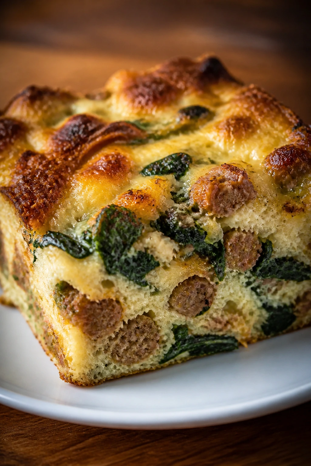 Slice of sausage spinach strata showing layered bread and cheese