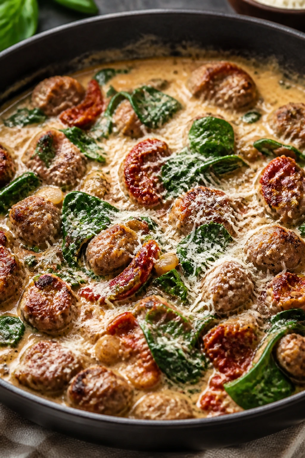 Italian sausage with spinach and sun-dried tomatoes in cream sauce