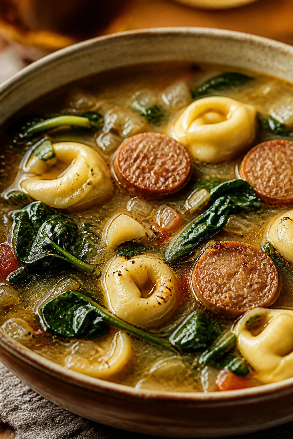 Close-up of sausage spinach tortellini soup with sausage, spinach, and tortellini