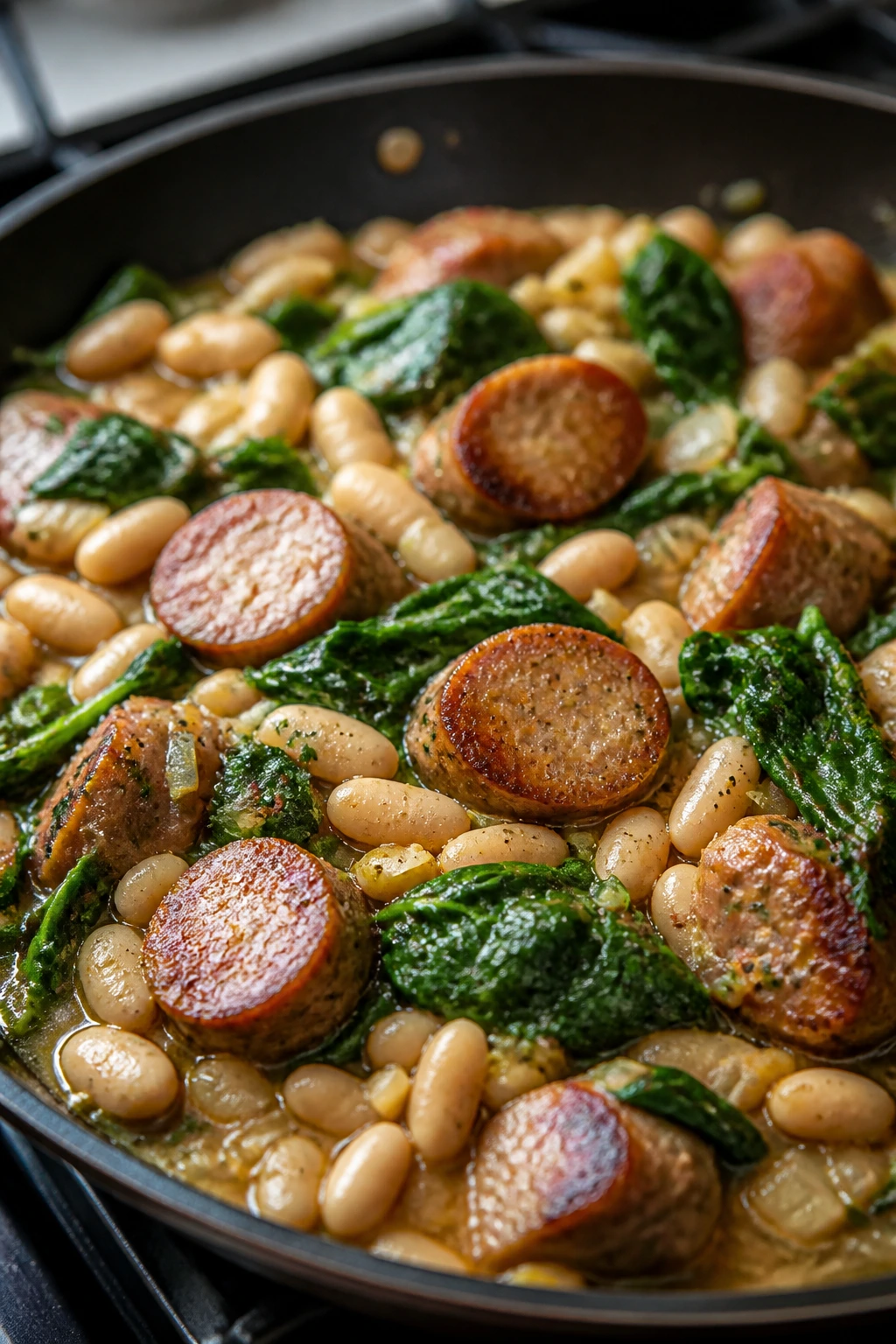 Skillet with sausage, white beans, and spinach in a savory broth