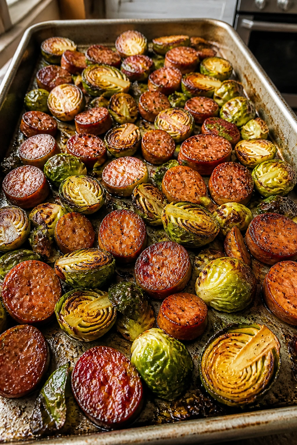 Close-up of sheet pan with Brussels sprouts and smoked sausage roasting in a kitchen