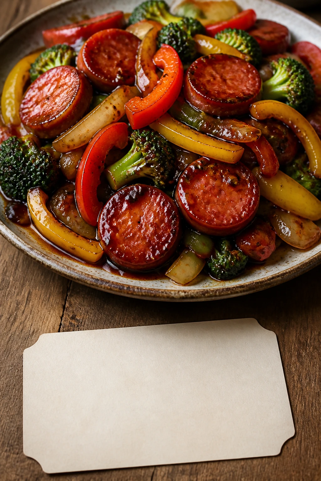 Glossy sausage stir-fry with peppers and broccoli on a plate with a blank recipe-card surface