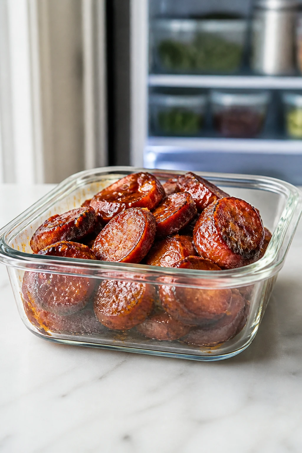 Leftover smoked sausage slices in a glass container with glaze