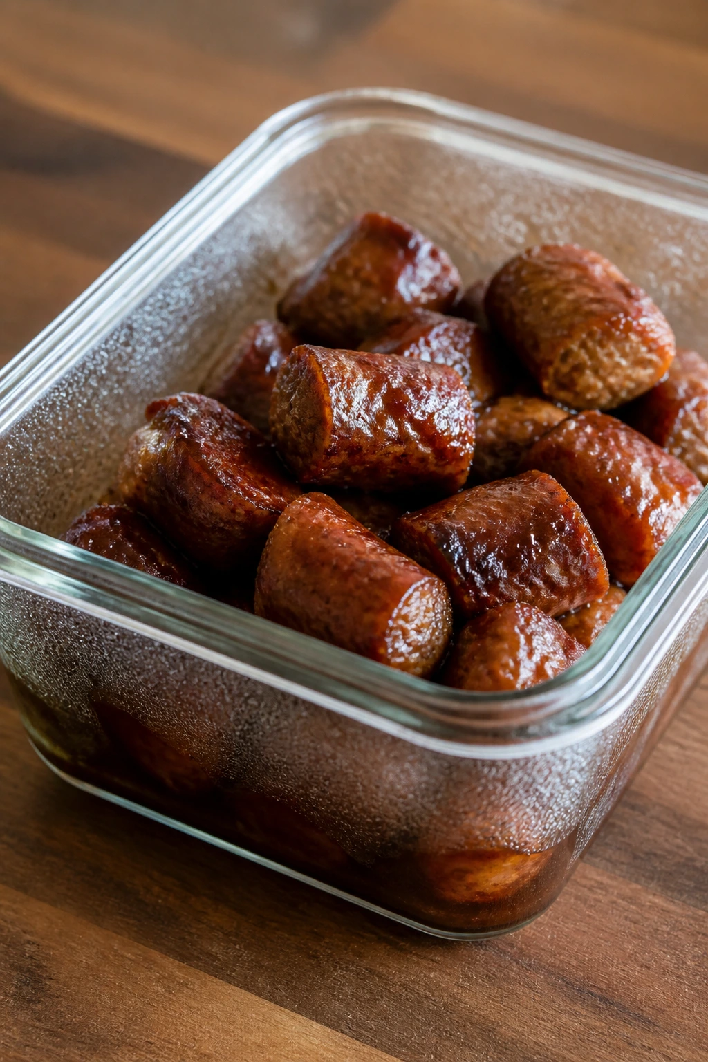 Glass container of glazed sausage ready for storage