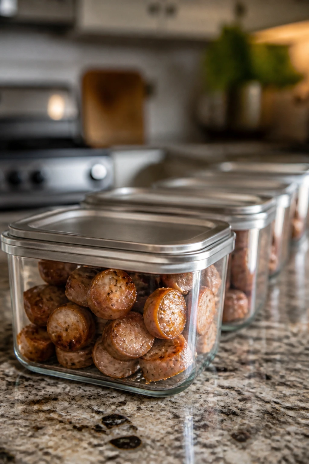 Glass containers with reheated sausage slices on a kitchen counter.
