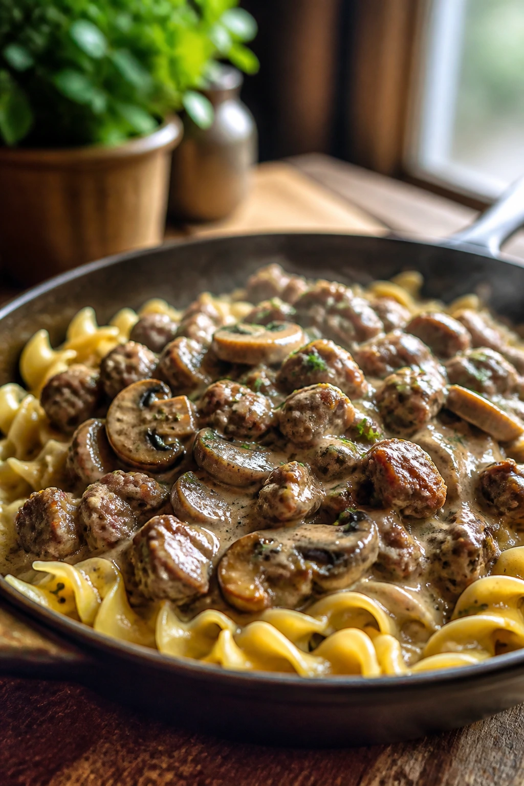 Close-up of sausage and mushroom stroganoff in creamy sauce over egg noodles