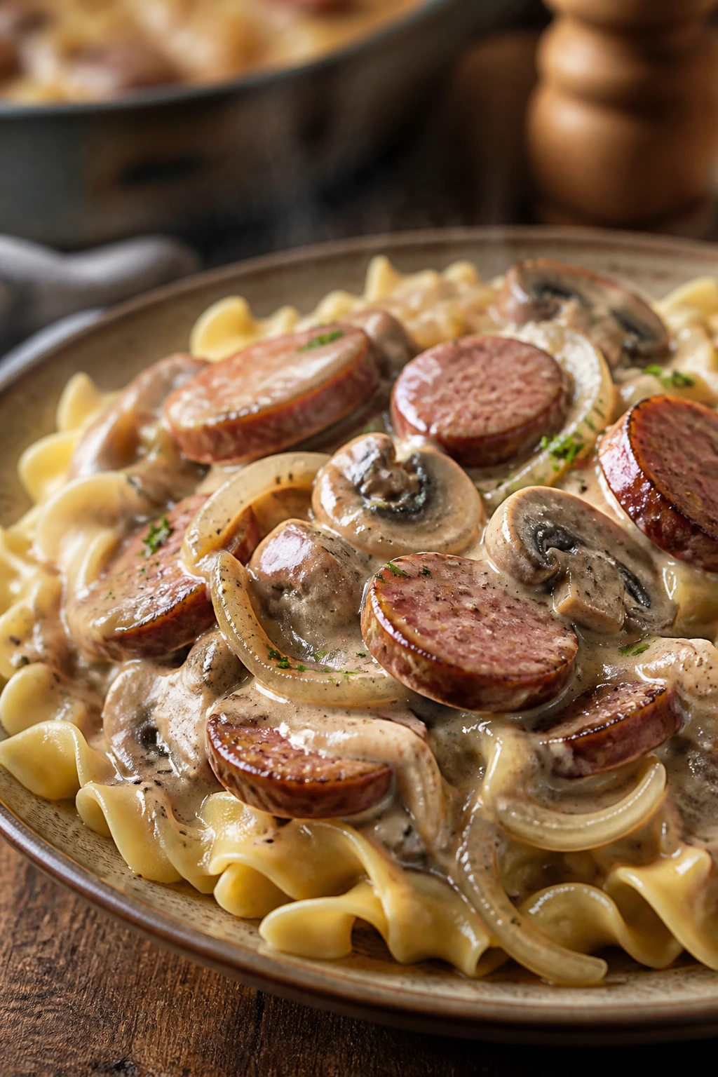 Smoked sausage stroganoff with mushrooms over noodles