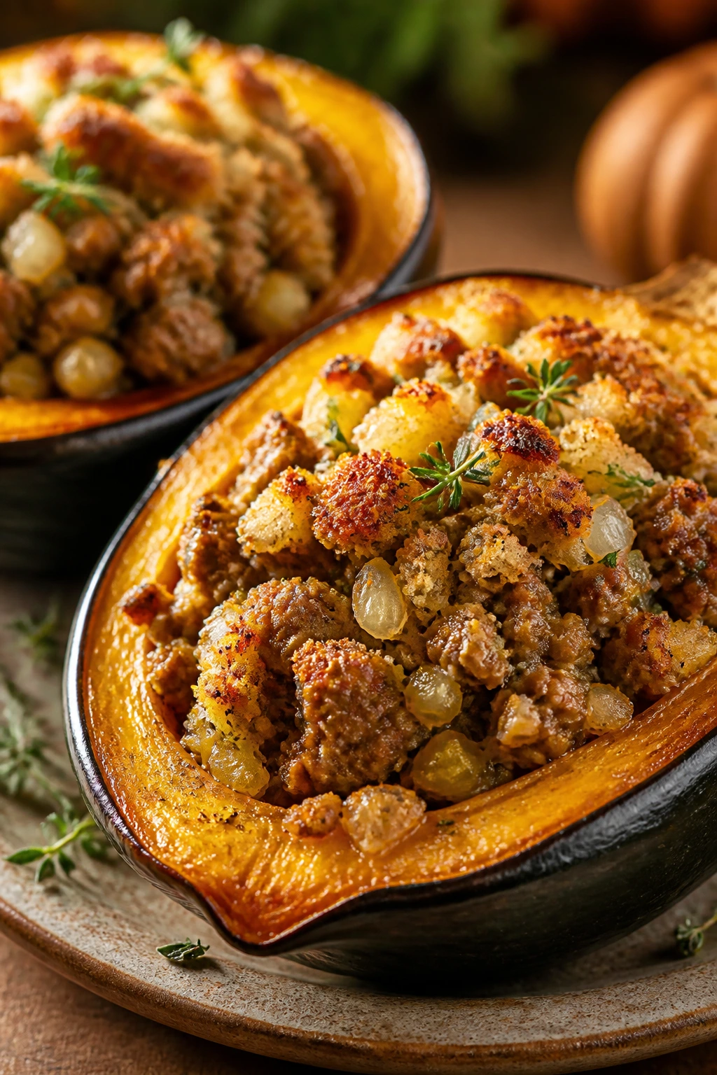 Sausage-stuffed acorn squash halves on a plate