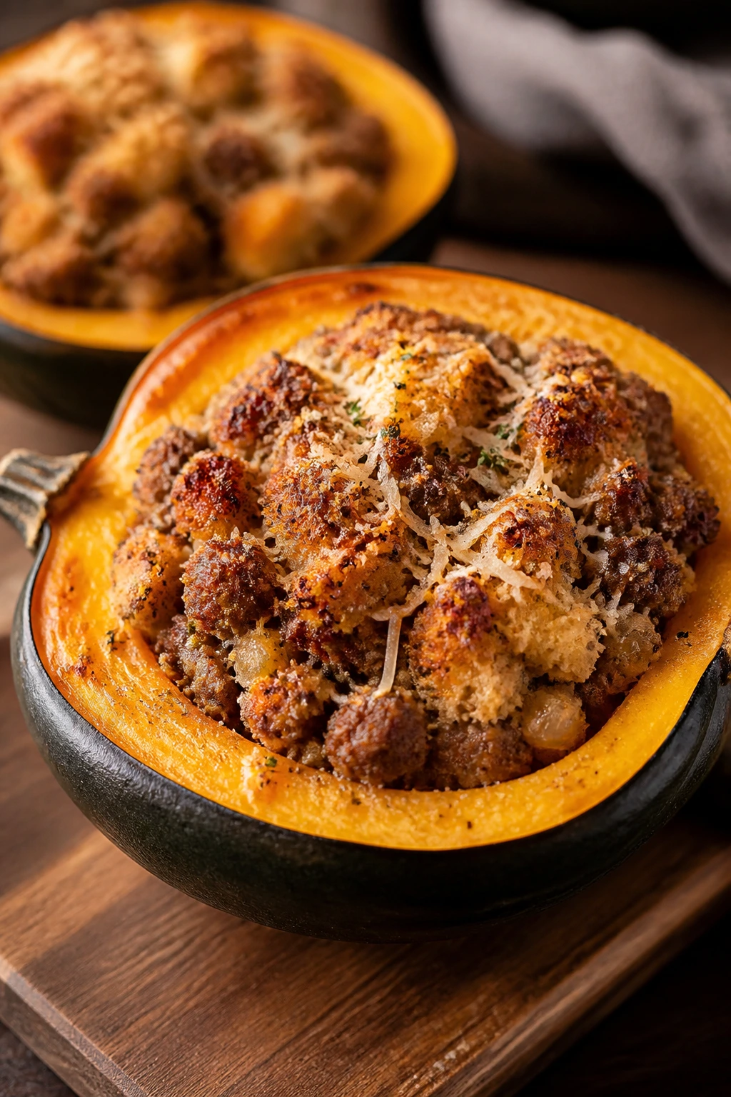 Halved acorn squash stuffed with sausage filling and Parmesan topping