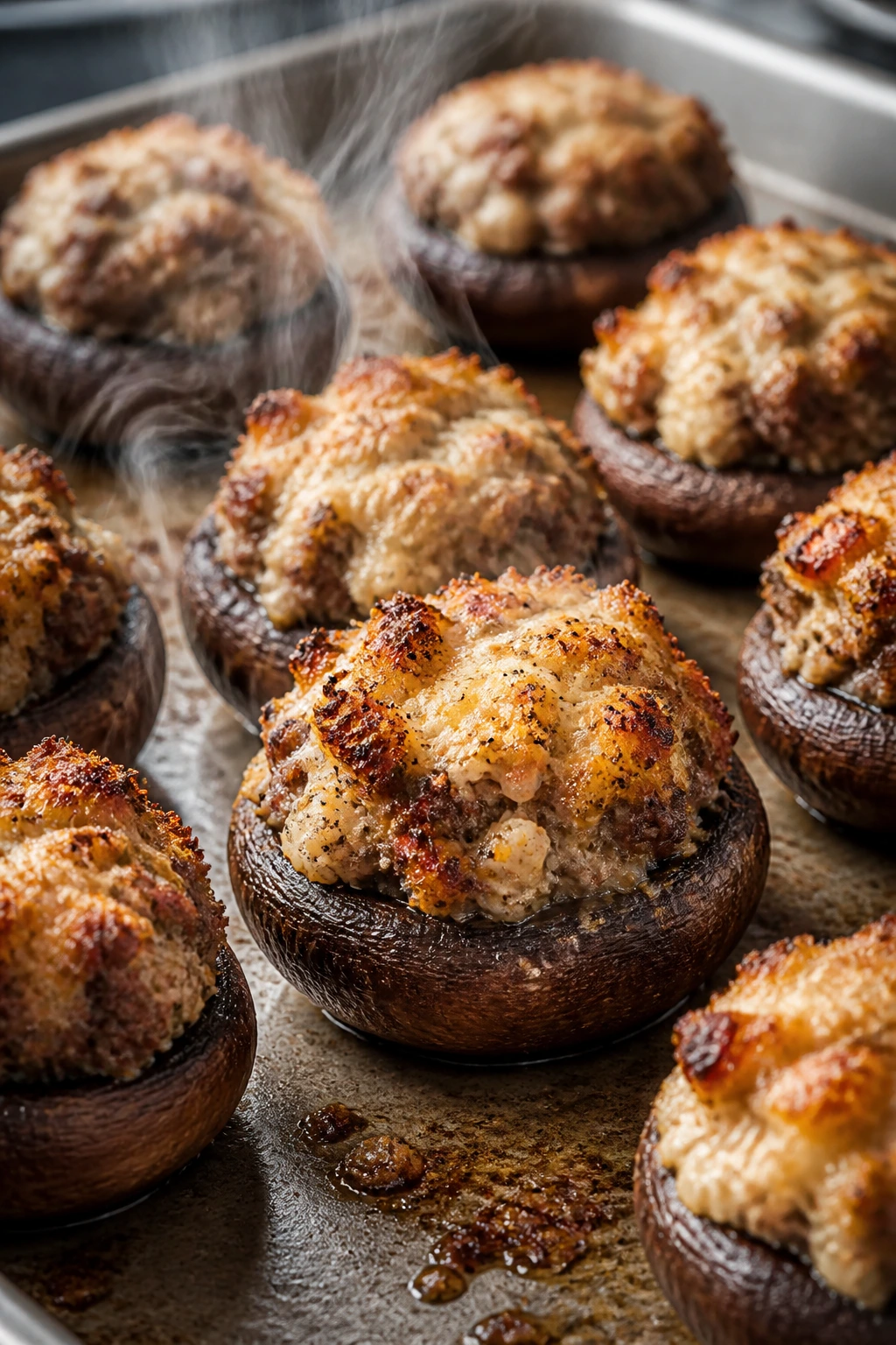 Close-up of hot sausage stuffed mushrooms on a baking sheet in a warm kitchen