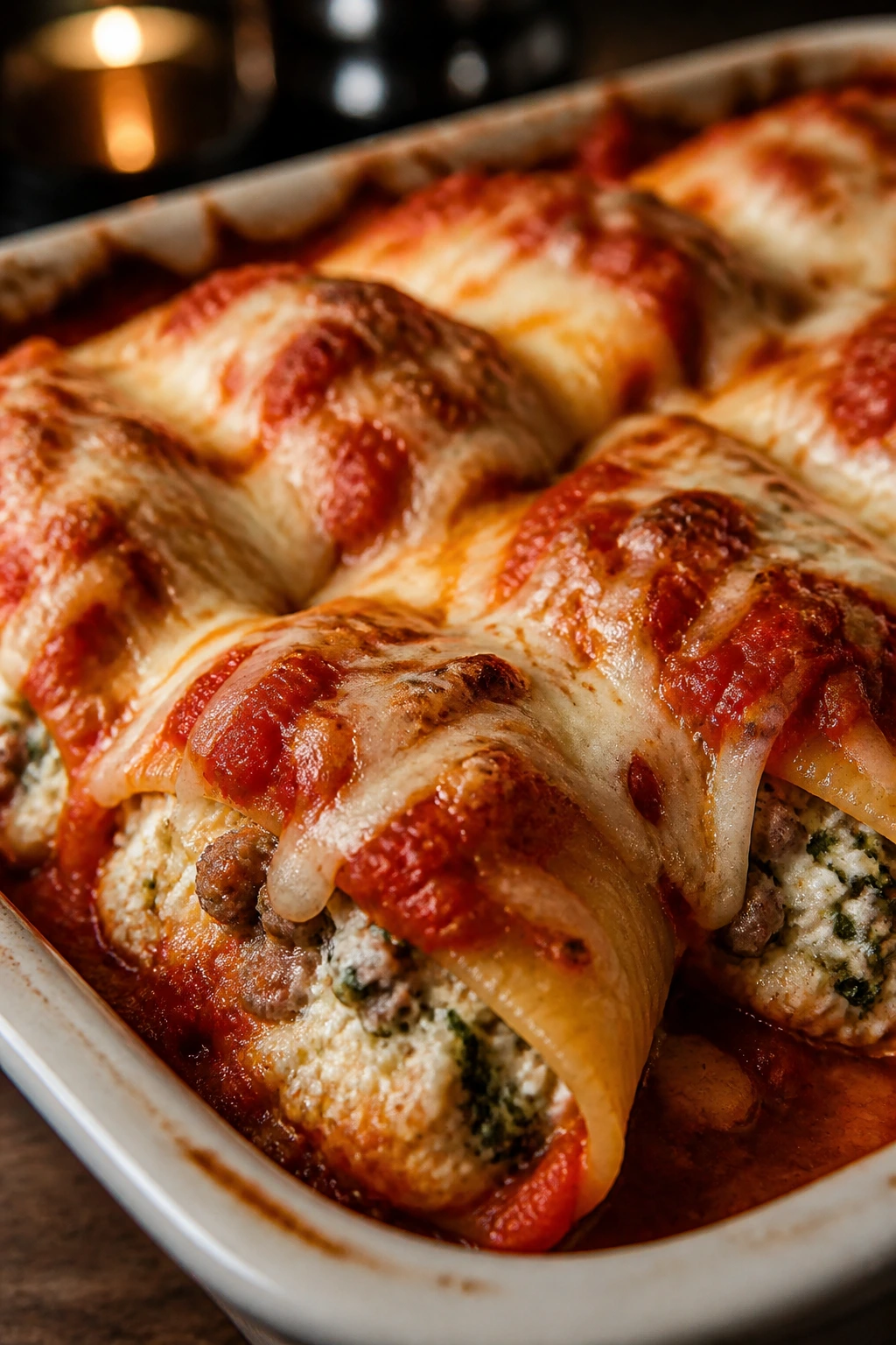 Stuffed jumbo shells with ricotta and sausage baked in marinara sauce.