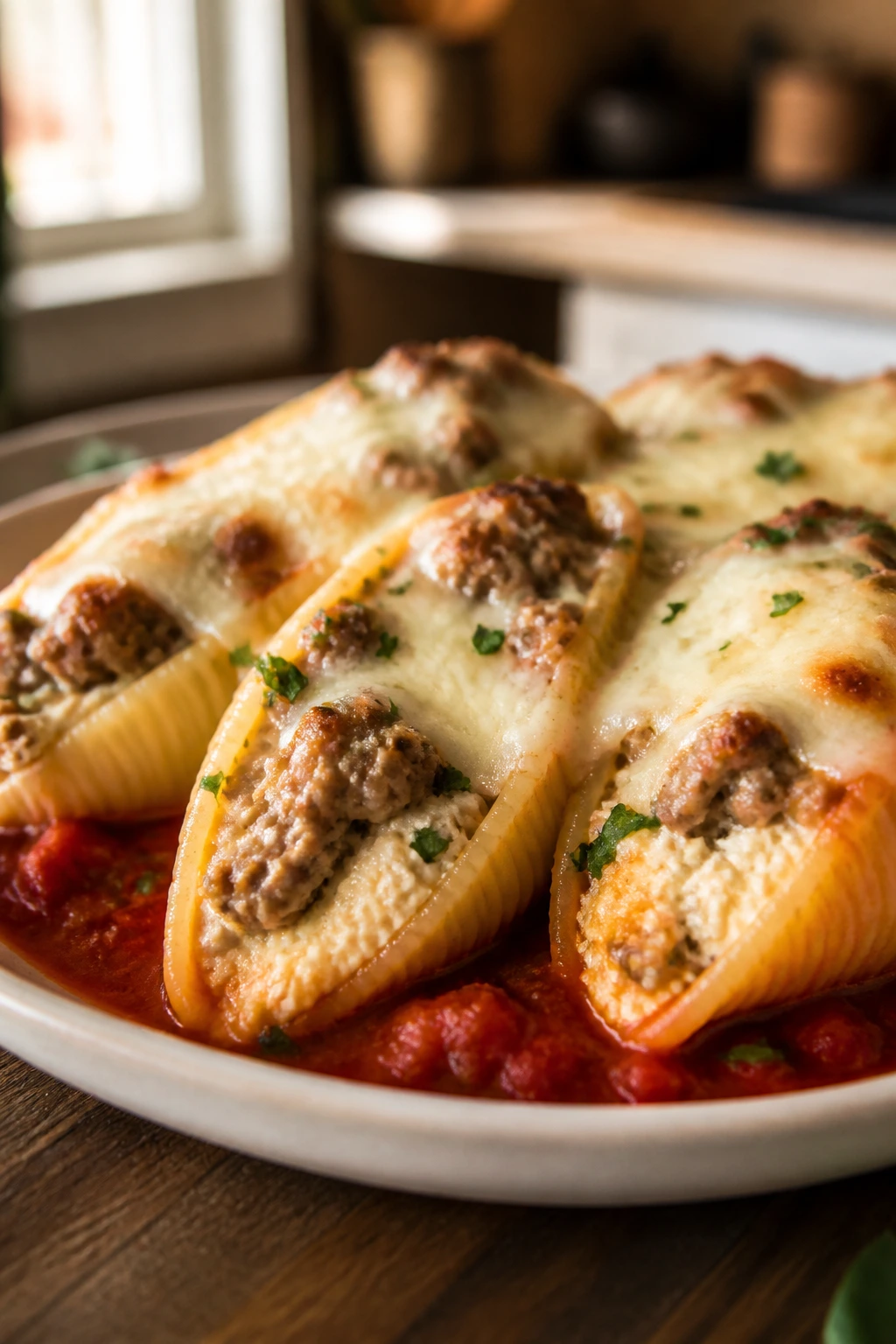 Close-up of sausage stuffed shells on a rustic plate with mozzarella and marinara.