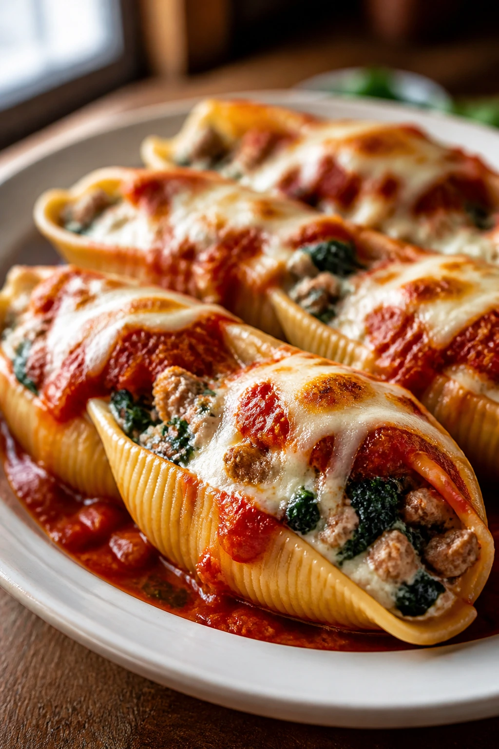 Plate of sausage stuffed shells with spinach in marinara and melted mozzarella.