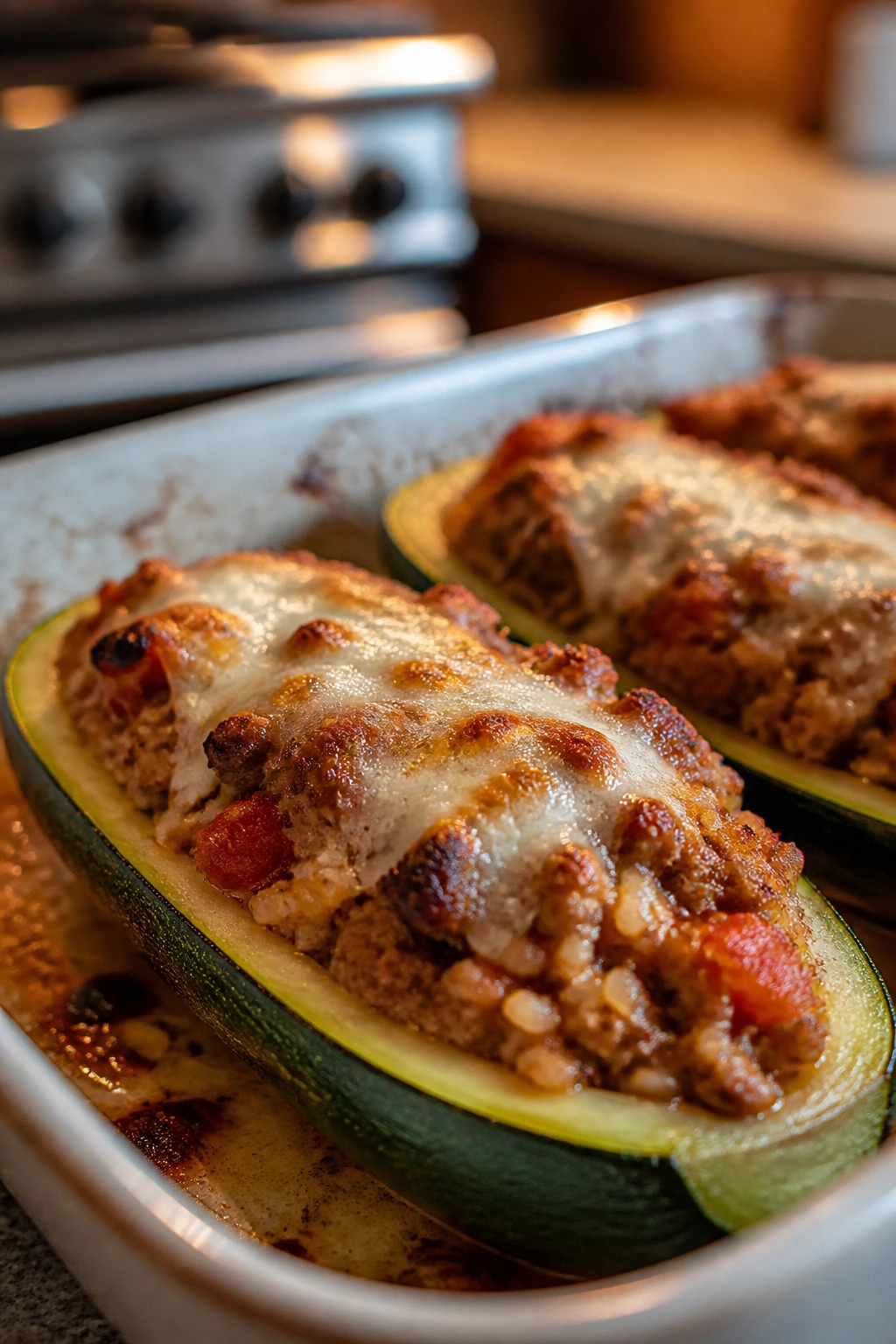 Close-up of stuffed zucchini with sausage and rice filling