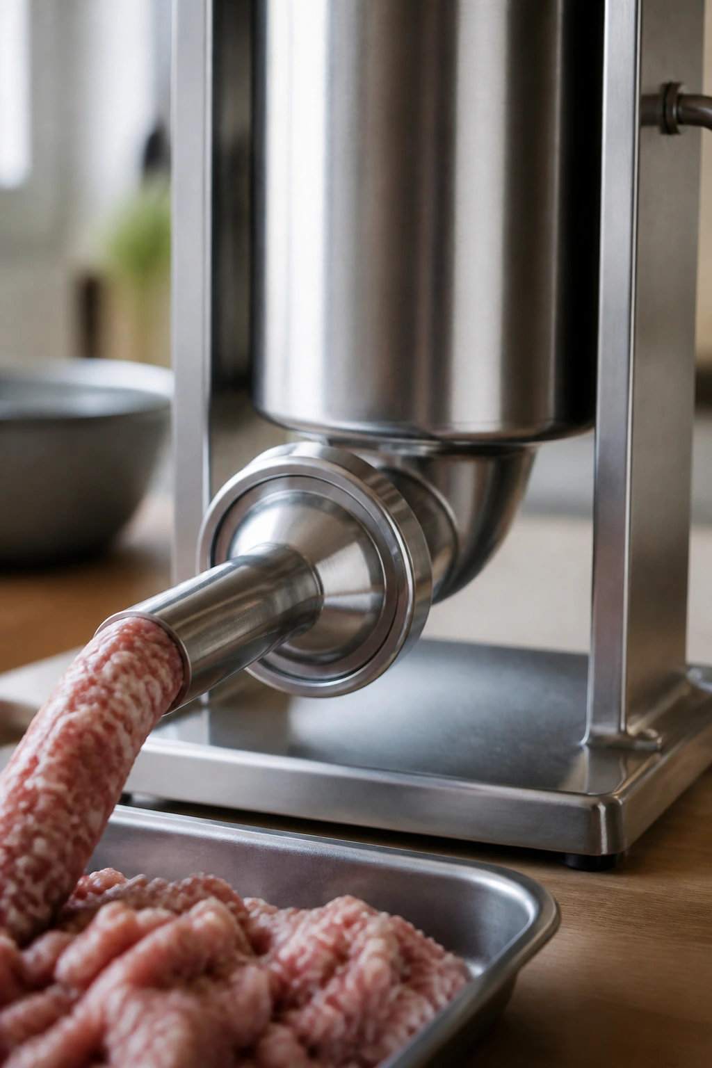 Sausage stuffer nozzle ready for casing in a bright kitchen