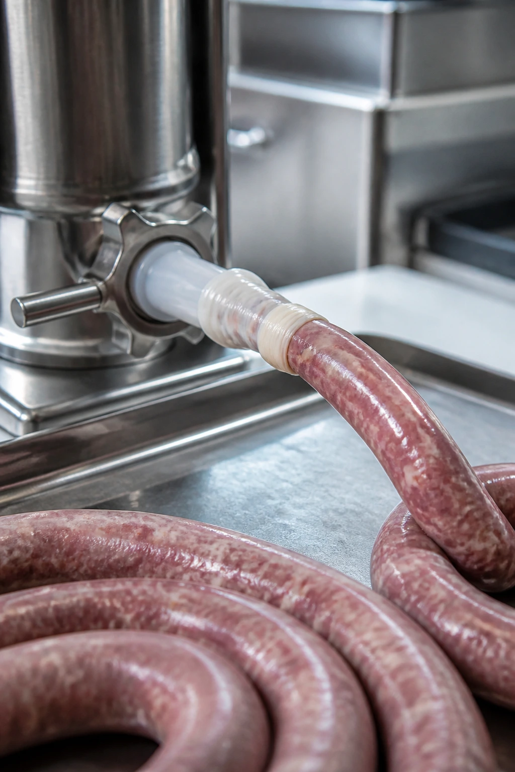 Sausage stuffer filling casings in a clean kitchen