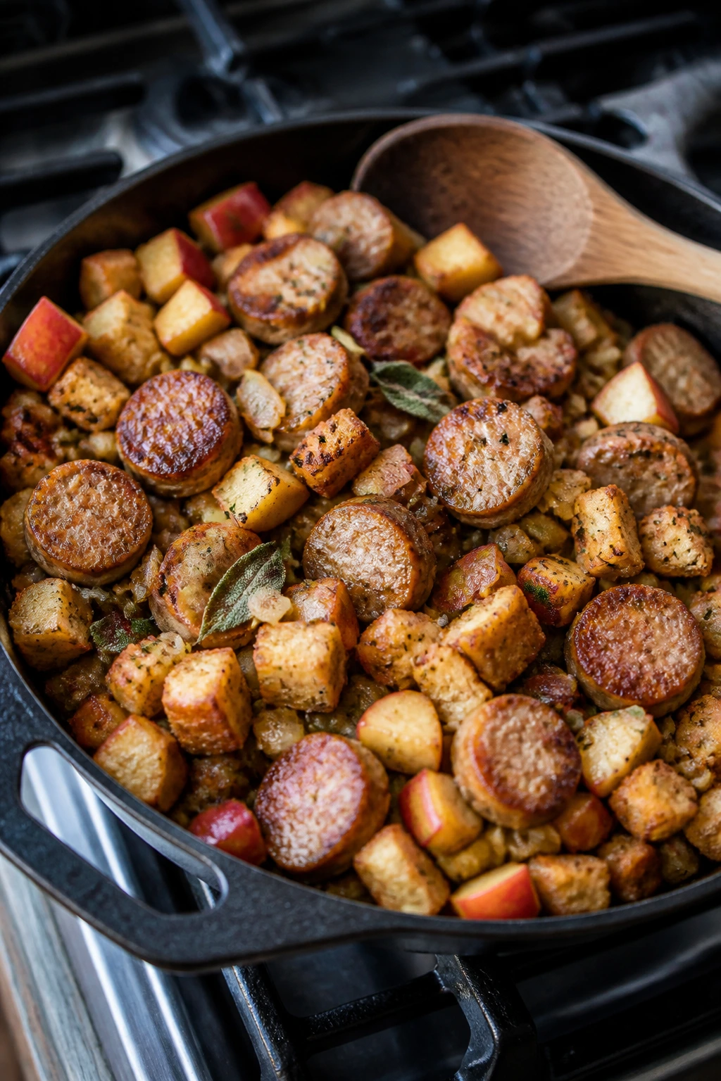 Skillet of sausage, apple stuffing with crisp edges on stove