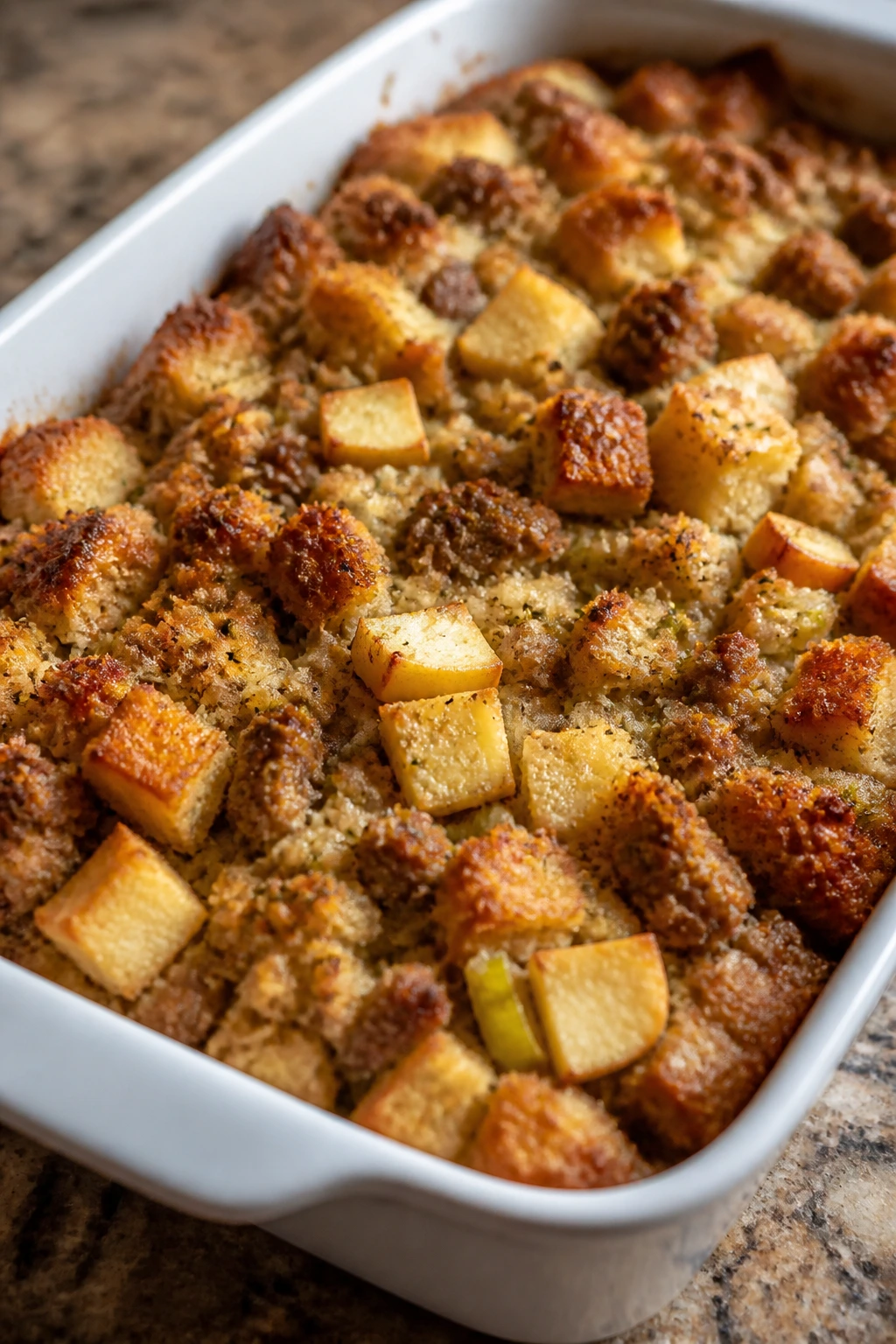 Golden sausage apple stuffing bake in baking dish.