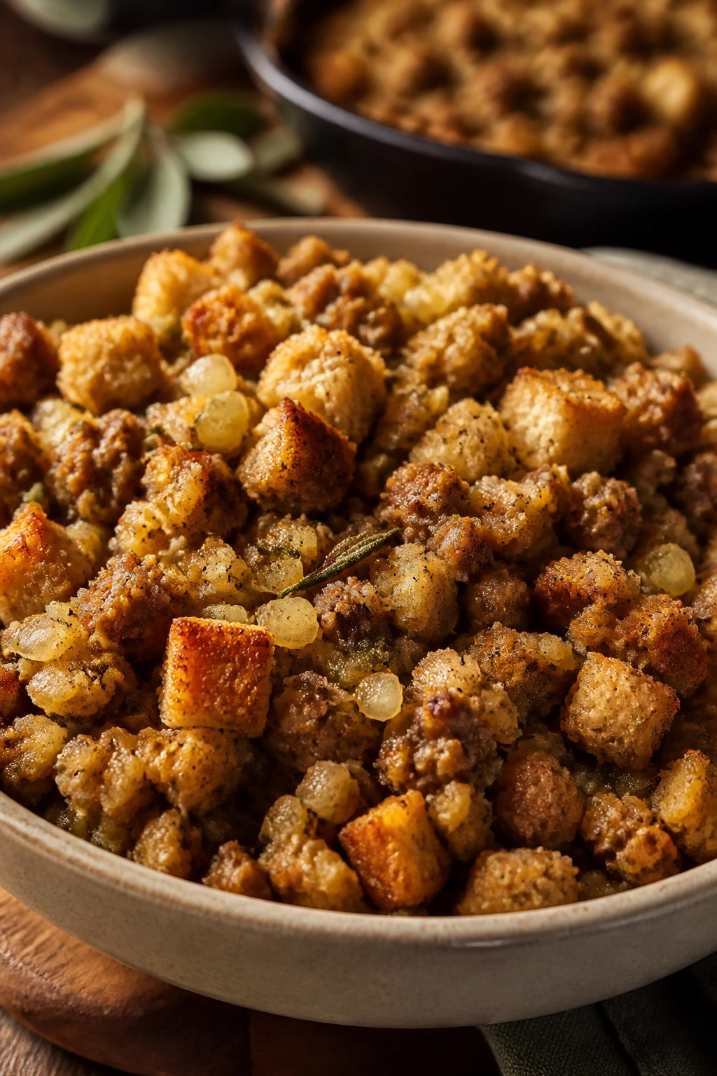 Hearty sausage stuffing with herbs in a serving bowl