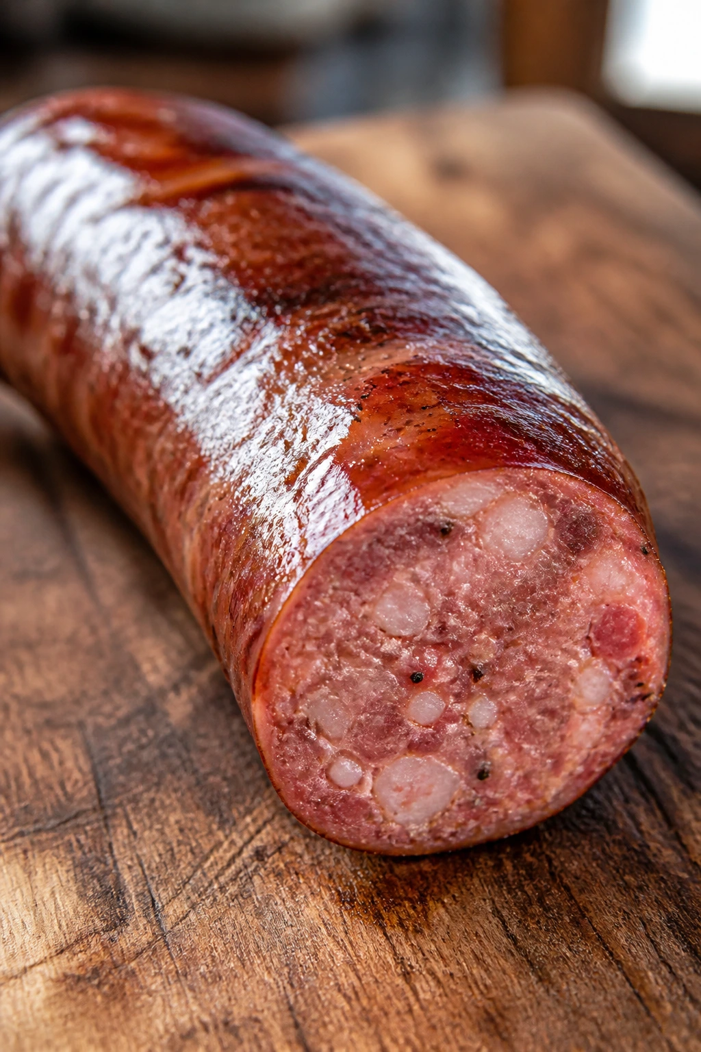 Close-up of a smoked sausage style on a wooden board in a cozy kitchen