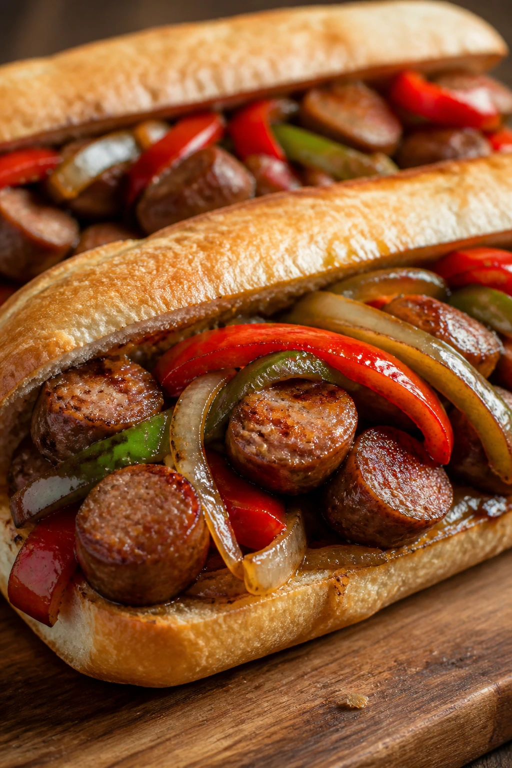 Close-up of a sausage sub sandwich with peppers on a wooden board