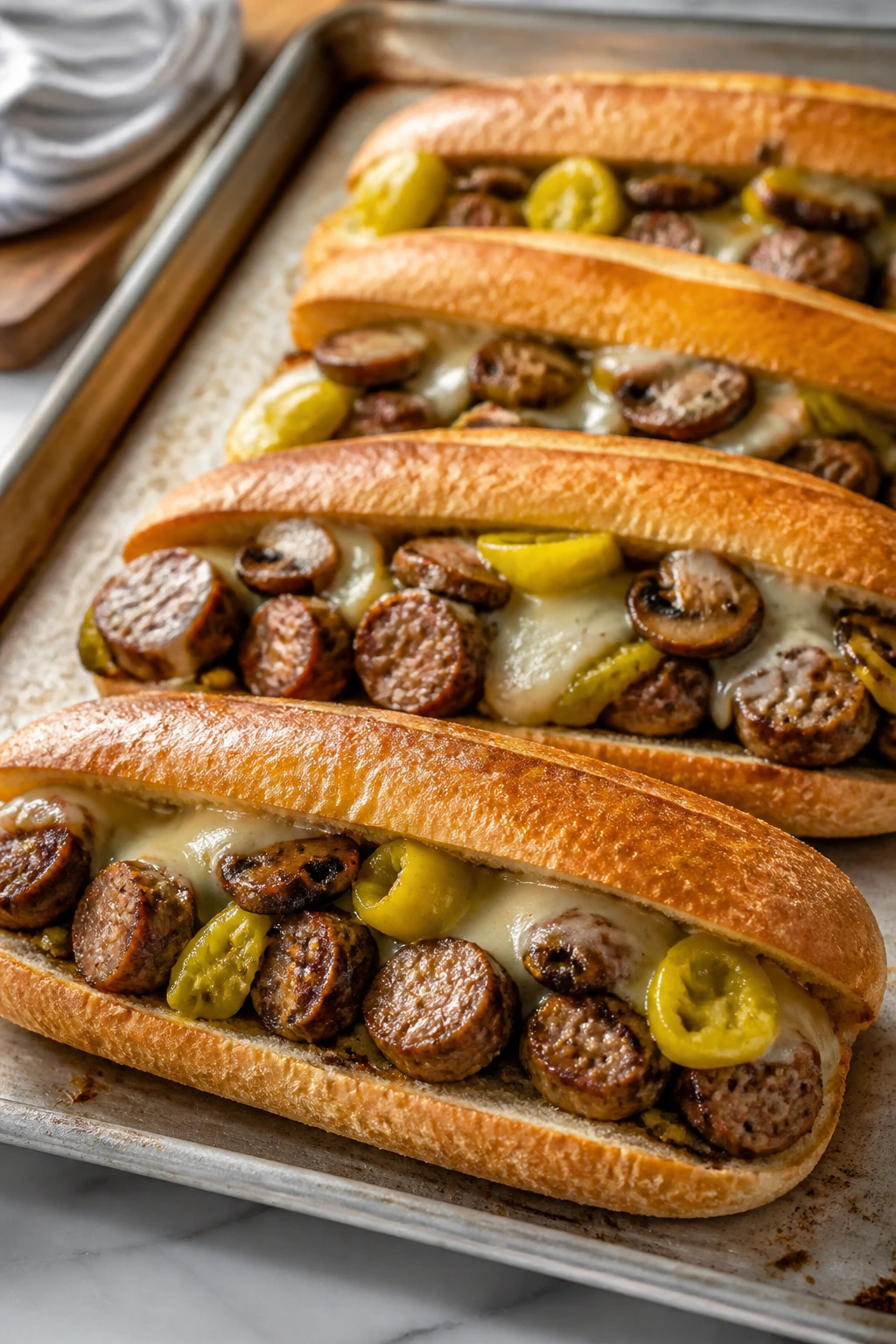 Close-up of sheet-pan sausage subs with mushrooms and pepperoncini