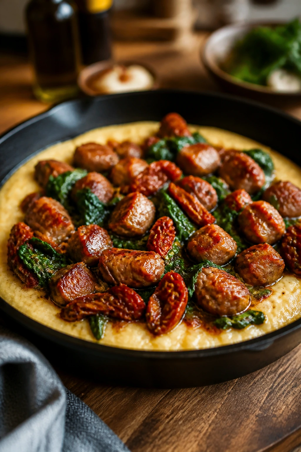 Skillet with sausage, sun-dried tomatoes, and polenta