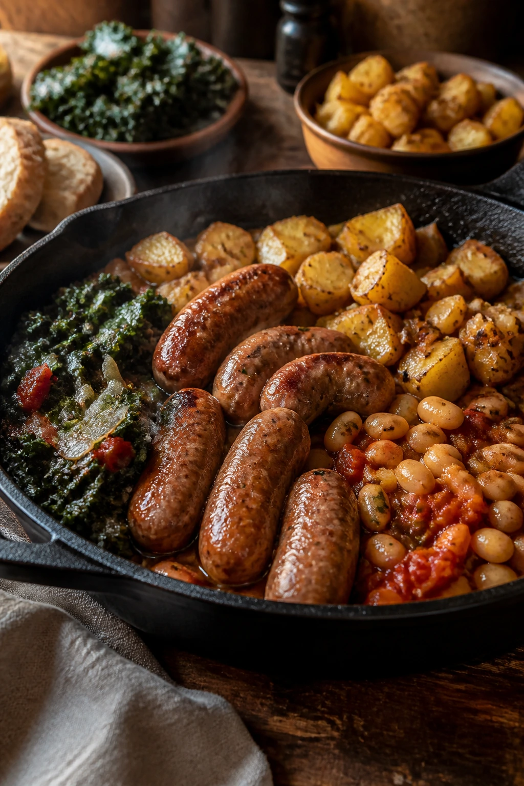 Close-up of a sausage-centered Sunday supper with browned sausage, potatoes, beans, greens, onions, and tomatoes on a rustic wooden table