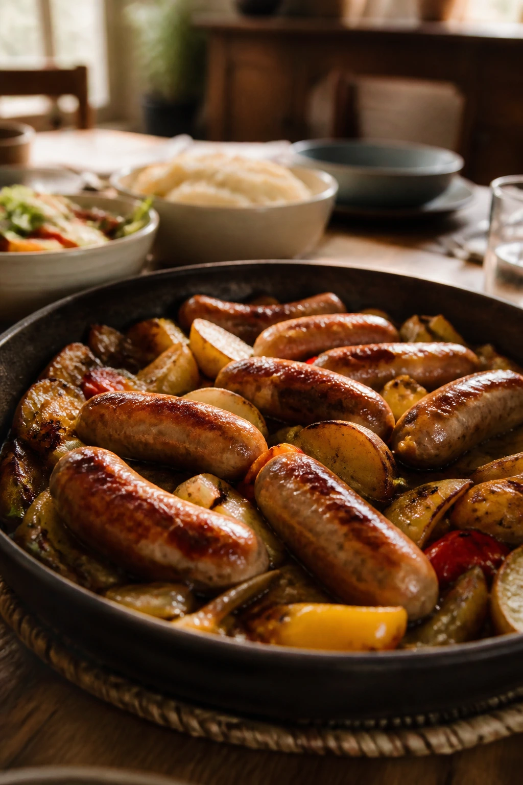 Sizzling sausage centerpiece on a Sunday dining table