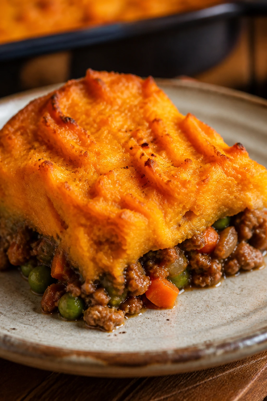 Plate with a square slice of sausage and sweet potato shepherd’s pie