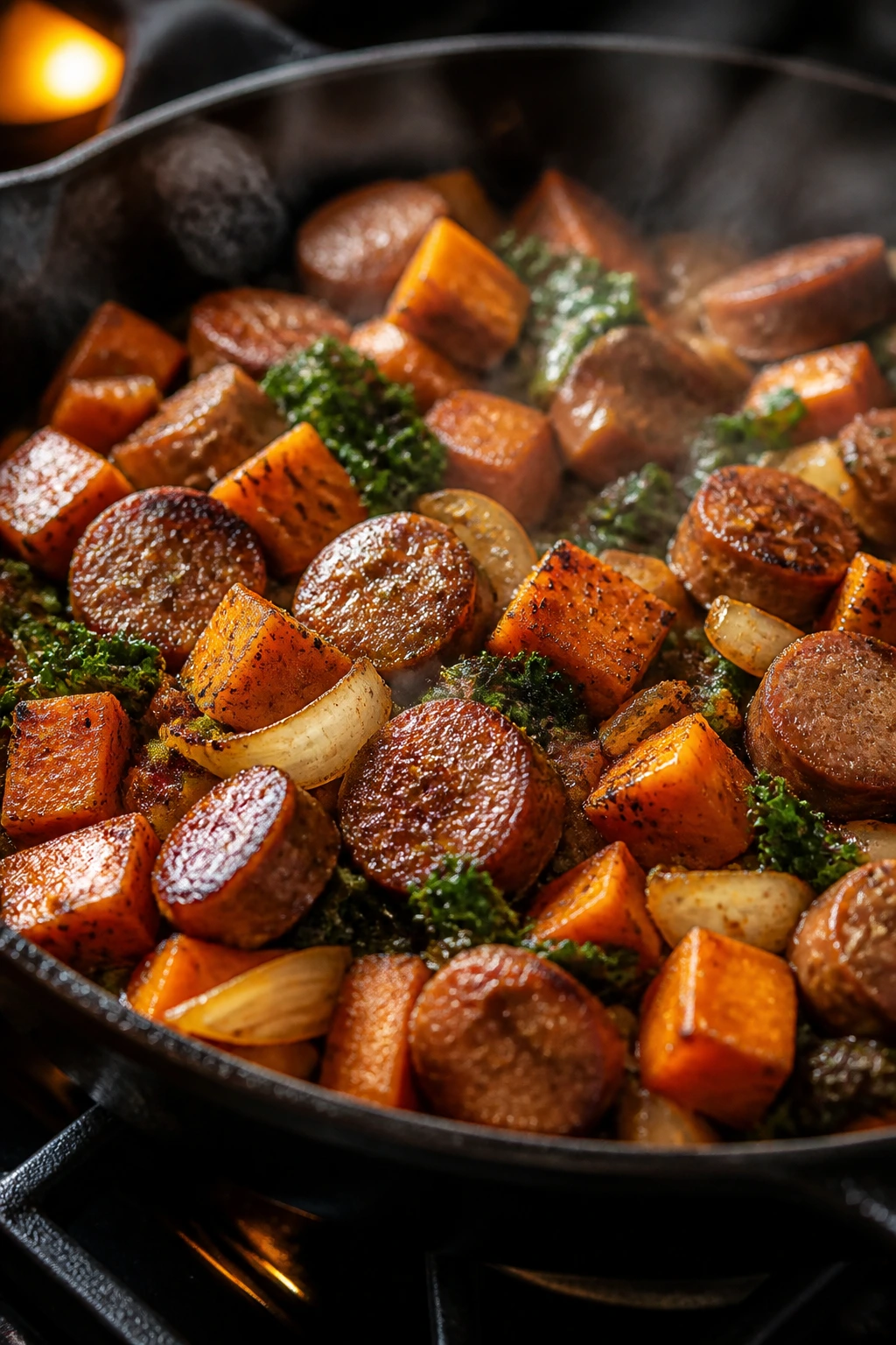 Close-up of sausage and sweet potato skillet on a stove with kale