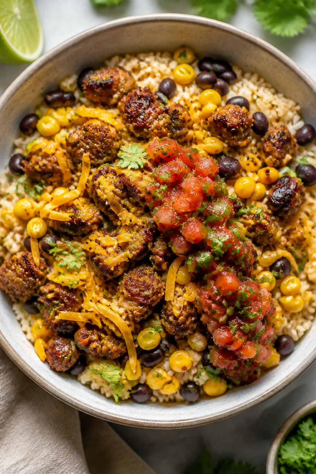 Top-down view of a sausage taco rice bowl with beans, corn and salsa
