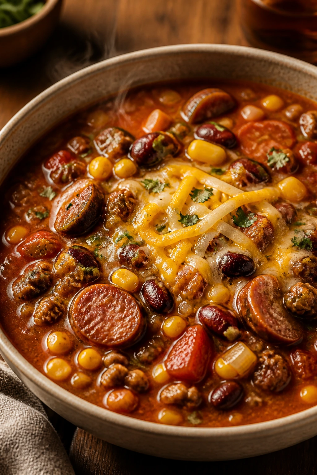 Steaming bowl of sausage taco soup with beans and corn
