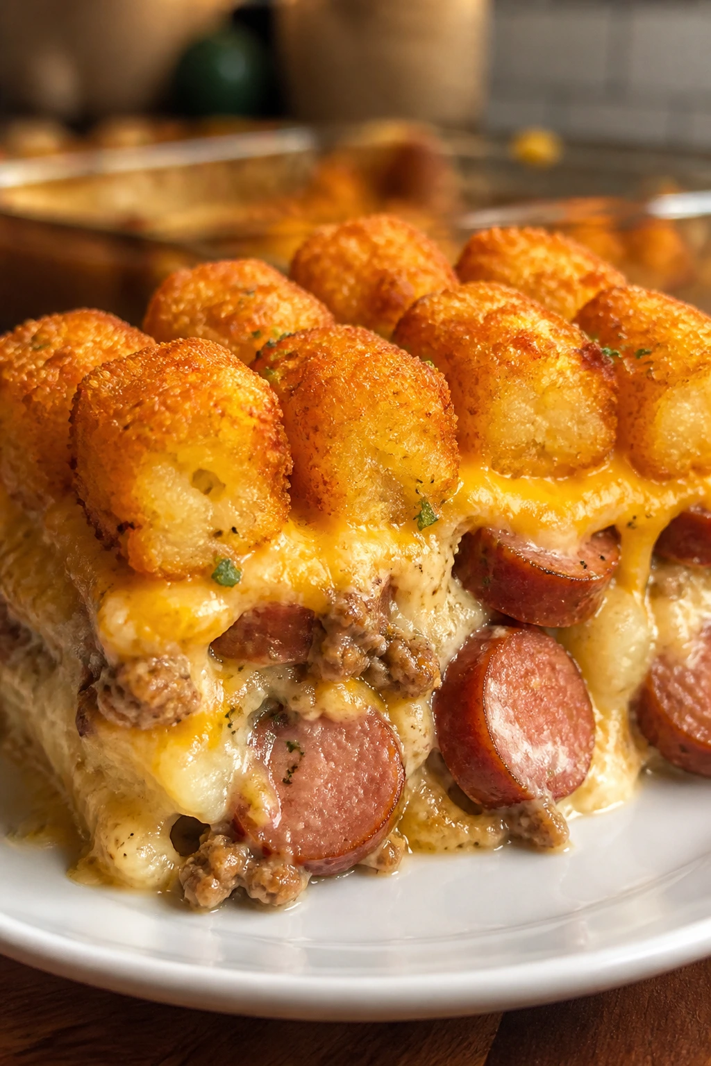 Square of smoked sausage tater tot casserole