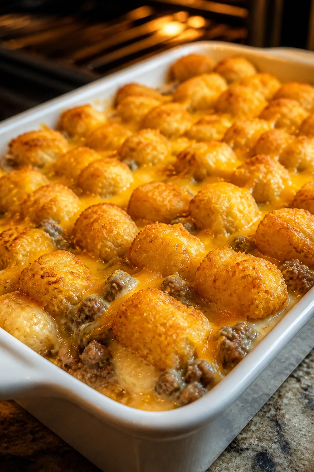 Close-up of sausage tater tot bake with crispy tots and cheese