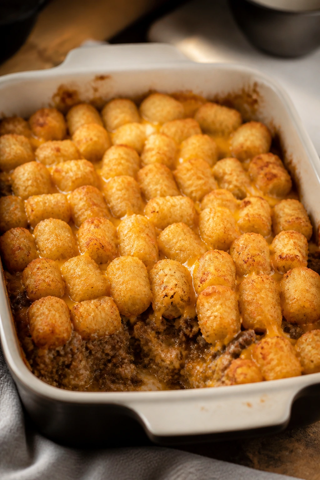 Tater tot casserole with sausage and melted cheese in a baking dish