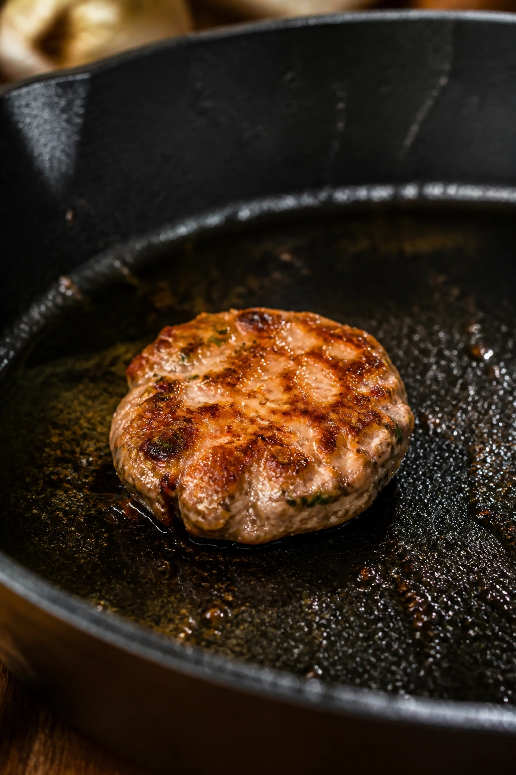 Test sausage patty browning in a hot skillet