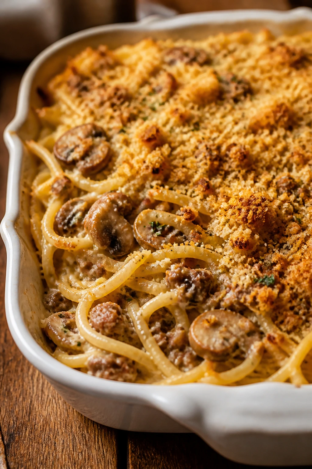 Creamy sausage tetrazzini in a baking dish with breadcrumb topping