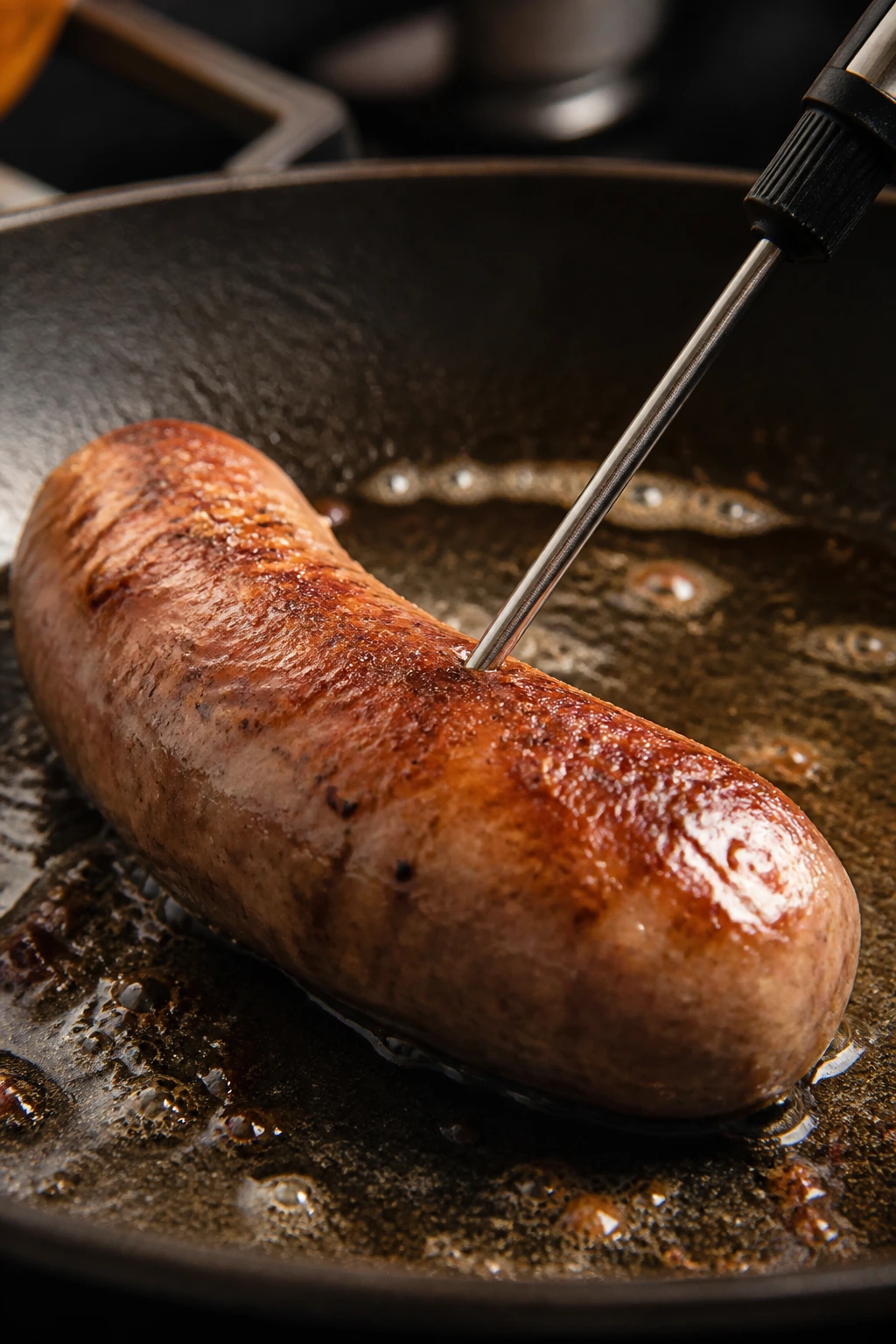 Close-up of pork sausage in a skillet with thermometer probe inserted