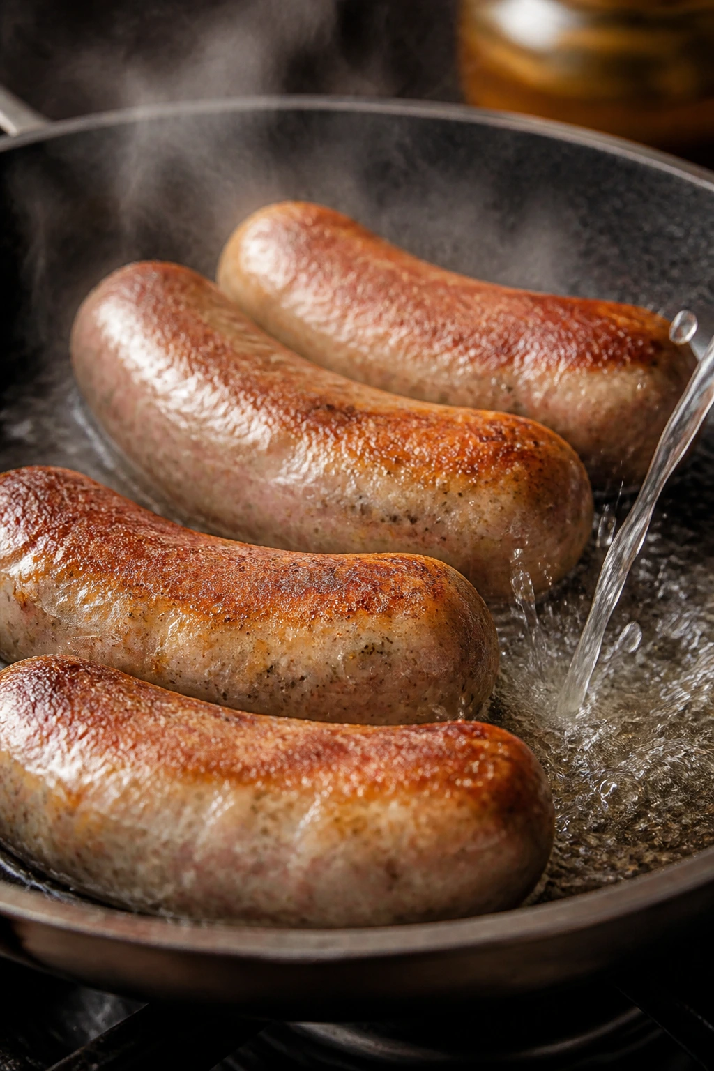 Thick pork sausages in a skillet with steam and water splash